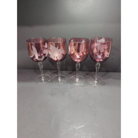 Cranberry Red Wine‎ Glasses, White Etched Flowers, Set Of 4, 7.75" H, Elegant - Picture 4 of 9